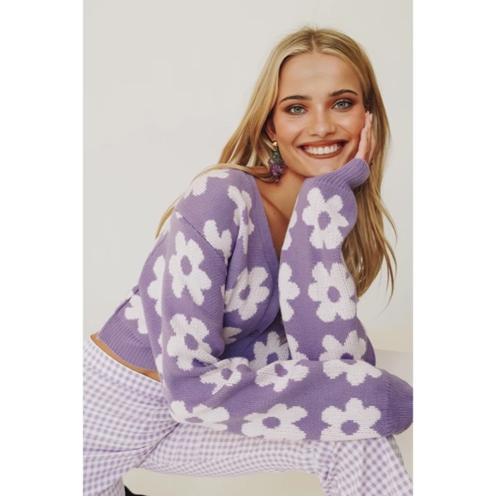 Verge Girl Hearts Content Knit Cardigan Purple White Floral Pattern Sweater